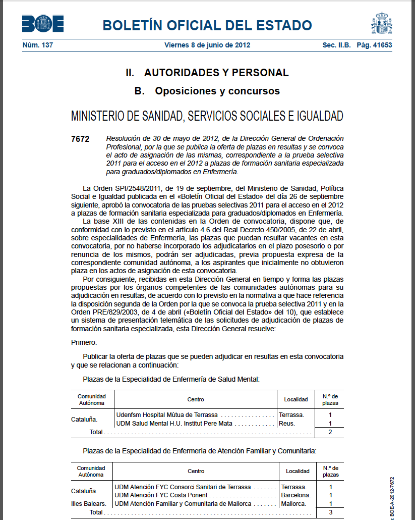 Resolución 30mayo2012. Plazas en resultas para la Especialidad EAFyC